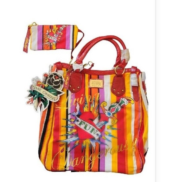 Ed Hardy Handbags - Ed Hardy Y2K Sally Embroidered Tote Bag w/ Wallet & Dust Cover Rare NEW Vintage